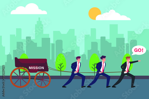 Good leadership vector concept: Team leader pulling mission cart with his team while giving command to follow him on the team