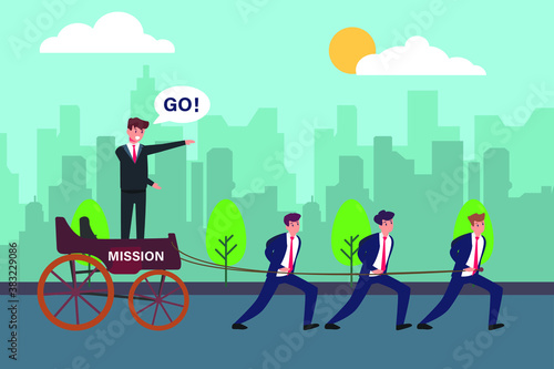 Leadership vector concept: Male boss commanding his worker to pull mission cart while standing on the cart