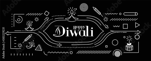 Happy Diwali text with Rocket firecrackers design. Poster Banner Vector illustration.