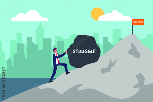Business vector concept: Businessman pushing a big stone with struggle text toward the mountain peak with success text
