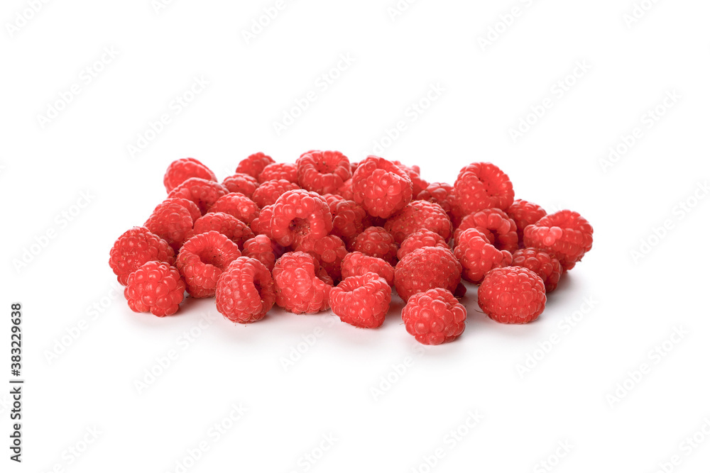 Close up group red raspberries fruits isolated on white background. Healthy fruits concept. Close up group red raspberries fruits isolated on white background. Healthy fruits concept.