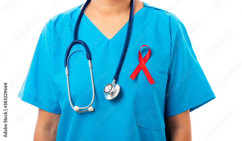 Woman nurse in clinic uniform with support HIV AIDS awareness red ribbon on the chest in studio shot isolated on over white background, Healthcare and medicine, World aids day concept Woman nurse in clinic uniform with support HIV AIDS awareness red ribbon on the chest in studio shot isolated on over white background, Healthcare and medicine, World aids day concept