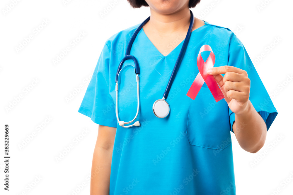 Woman nurse in clinic uniform holding support HIV AIDS awareness red ribbon on hands in studio shot isolated on over white background, Healthcare and medicine, World aids day concept Woman nurse in clinic uniform holding support HIV AIDS awareness red ribbon on hands in studio shot isolated on over white background, Healthcare and medicine, World aids day concept