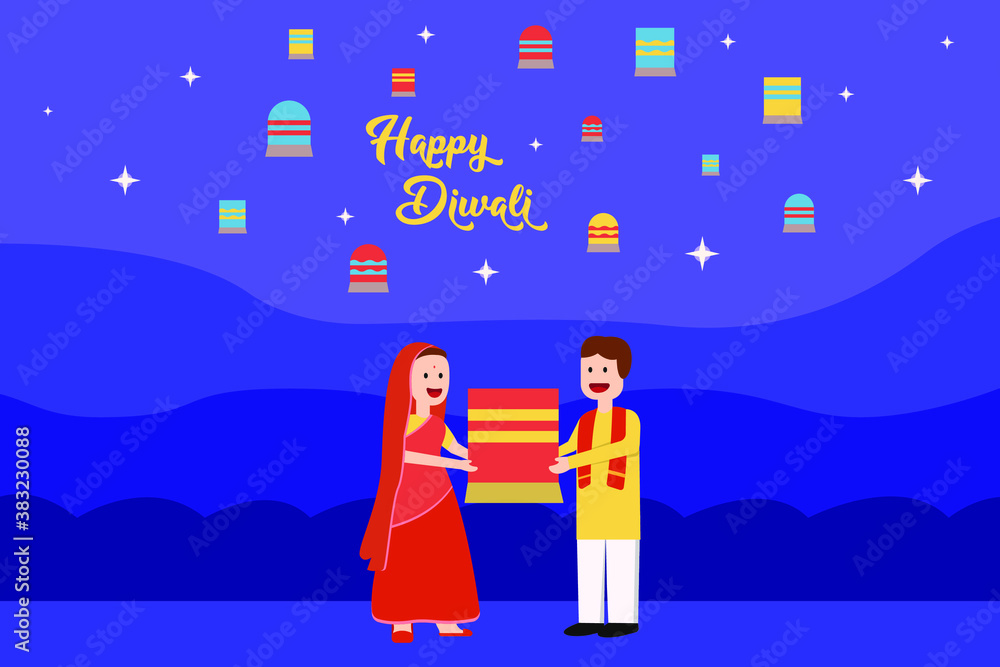 Happy Diwali vector concept: Happy Indian couple holding lantern together to be released while Diwali celebration at night Happy Diwali vector concept: Happy Indian couple holding lantern together to be released while Diwali celebration at night
