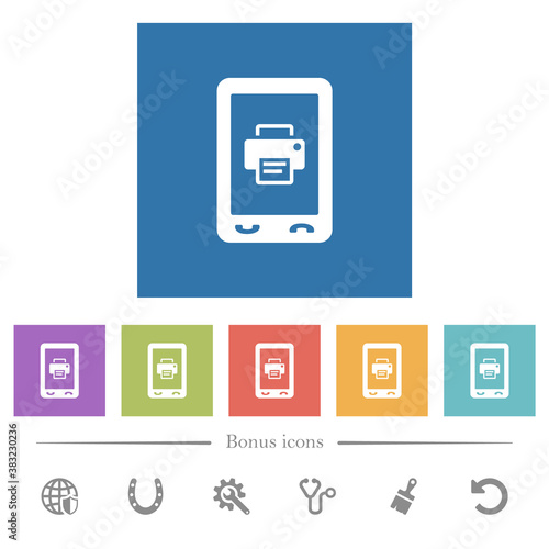 Mobile printing flat white icons in square backgrounds