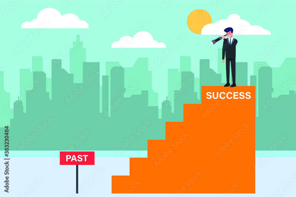 Business vision vector concept: Success businessman standing on the top stairs with success text wile looking at the past signpost Business vision vector concept: Success businessman standing on the top stairs with success text wile looking at the past signpost