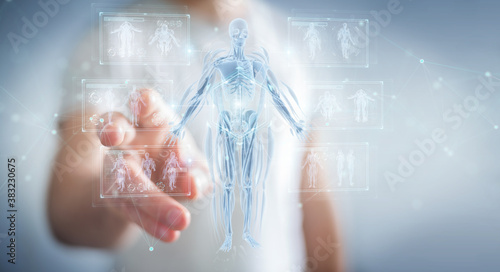 Man using digital x-ray human body holographic scan projection 3D rendering photo