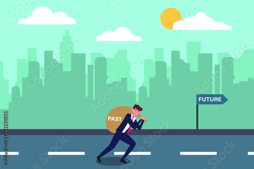 Business vision vector concept: Businessman carrying a bag with past text to the future