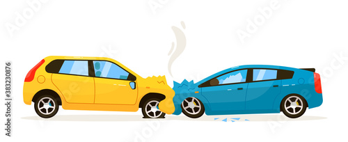 Frontal car collision. Trouble situation on traffic road vector illustration. Frontal car impact collision with bumper injury isolated on white background