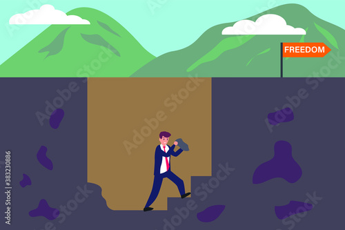 Business freedom vector concept: Businessman making a way to escape from a hole and gain the freedom