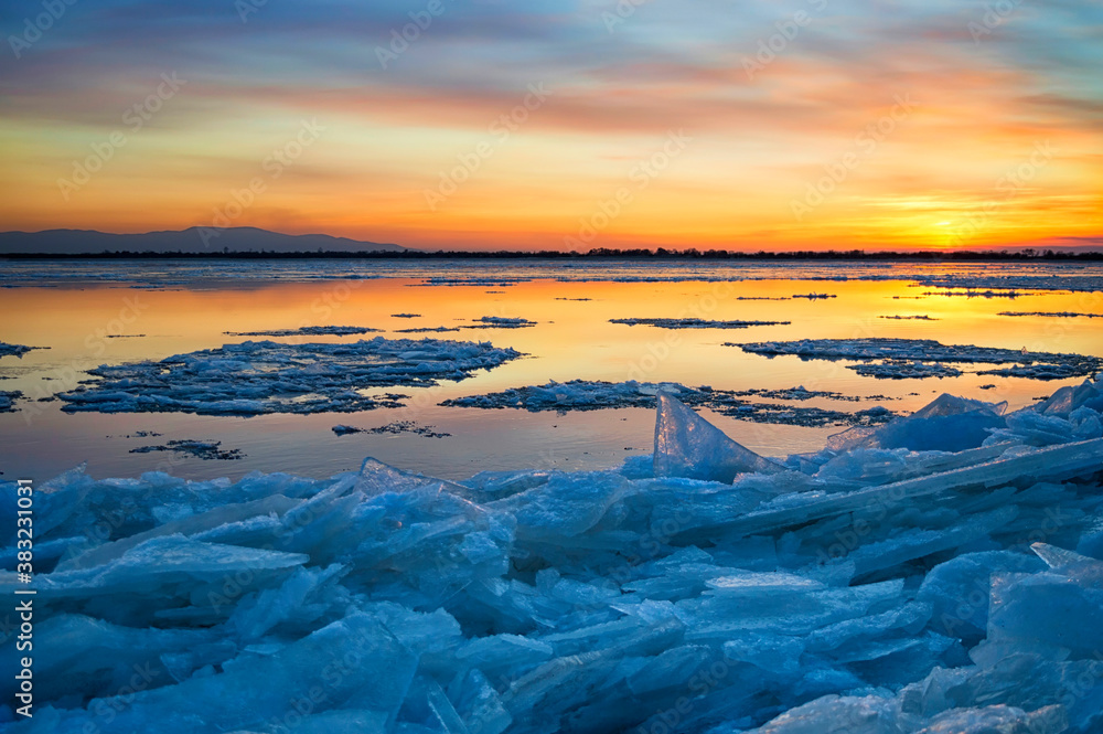 Ice floating on the Amur river. Khabarovsk Krai, far East, Russia.