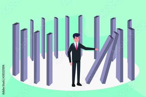 Business Karma vector concept: Businessman pushing down dominoes in circle