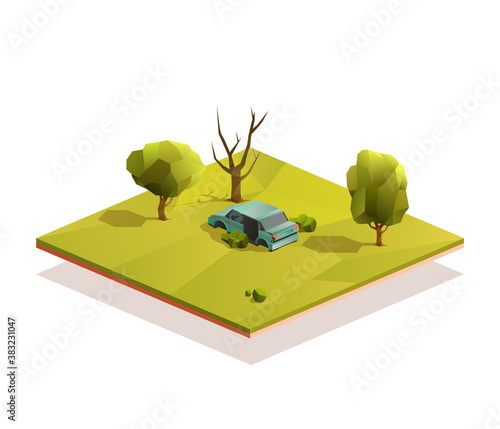 Car wreck in the middle of a meadow