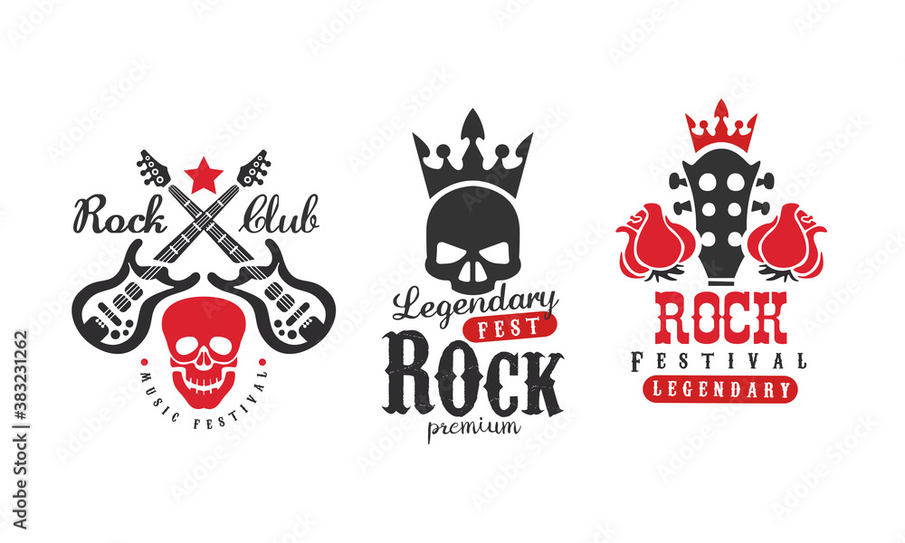 Rock Club Logo Templates Set, Legendary Rock Music Fest Retro Labels Vector Illustration