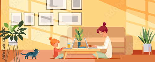 Woman with daughter working at home with laptop computer in sunny cozy interior home office. Child online education in quarantine coronavirus pandemic. Cartoon style Vector Illustration