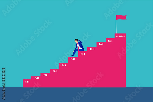 Businessman gives up vector concept: Lazy businessman gives up before reach the success flag on the top of stairs