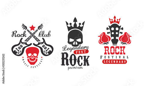 Rock Club Logo Templates Set, Legendary Rock Music Fest Retro Labels Vector Illustration