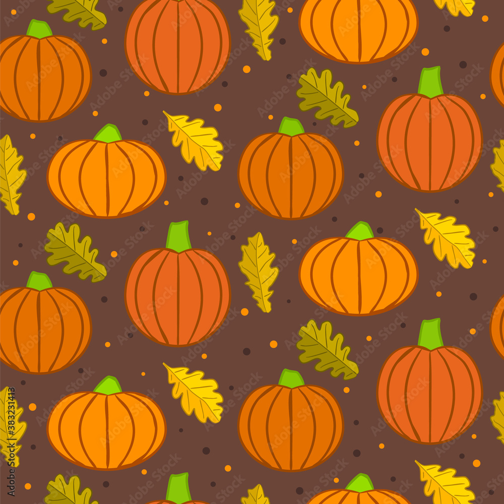 Seamless harvest pattern with pumpkins and oak leaves. Autumn background in orange and brown tones. Hand drawn ripe vegetables and foliage. Vector illustration on the theme of fall and halloween