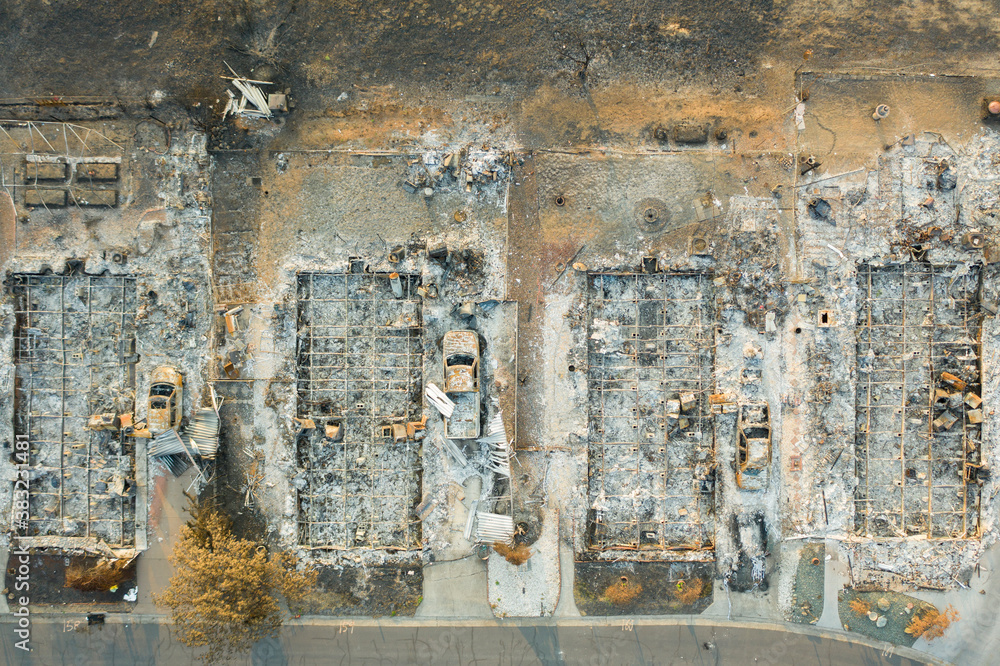 Aerial view of burned down houses from the 2020 Almeda wildfire in Southern Oregon, USA