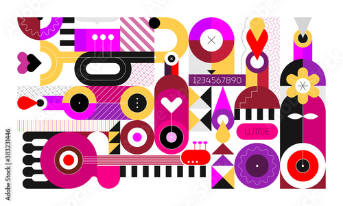 Photography Flat design of wine bottles and music instruments isolated on a white background