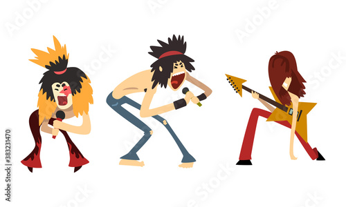 Rock Musicians, Rock Stars Characters Playing Electric Guitars and Singing, Rock Band Performing on Festival Cartoon Style Vector Illustration