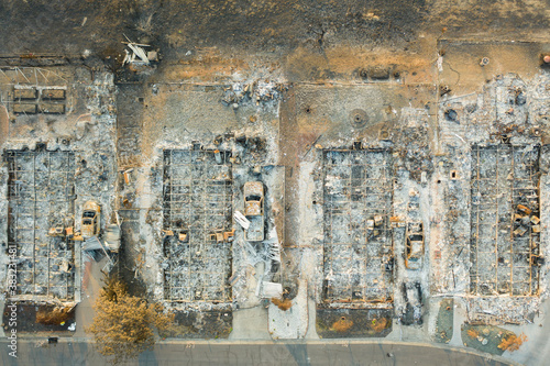 Aerial view of burned down houses from the 2020 Almeda wildfire in Southern Oregon, USA © Ahturner
