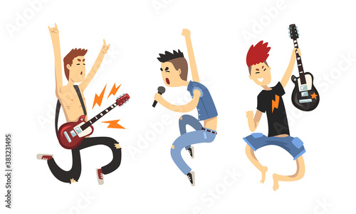 Rock Musicians Characters Playing Electric Guitars and Singing  Rock Band Performing on Rock Festival Cartoon Style Vector Illustration
