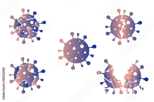 Defeated coronavirus, disrupted virus with gradient on white background. Broken destroyed corona viruses. Victory over the epidemic. Virology.