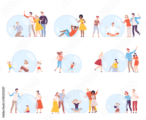 Unsocial Persons Sitting Inside Transparent Bubbles Set, People Trying to Reach Them, Separation from Society Concept Flat Style Vector Illustration