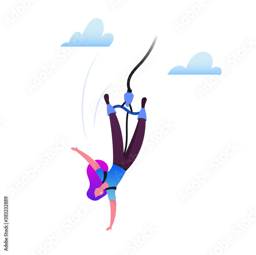 Bungee Jumping Concept. Brave Woman Jump with Rope from Great Height. Extreme Sports Activity, Fun, Risky Recreation