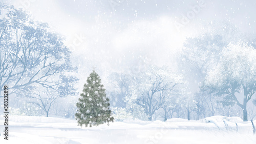 Winter forest. Christmas festive background. White snow drifts and Christmas tree 