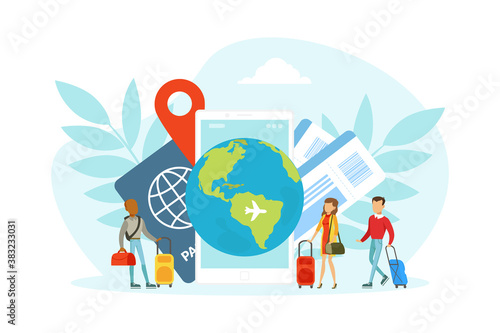 Tourists Characters Traveling over the World  Tiny People Going on Vacation with Luggage Vector Illustration