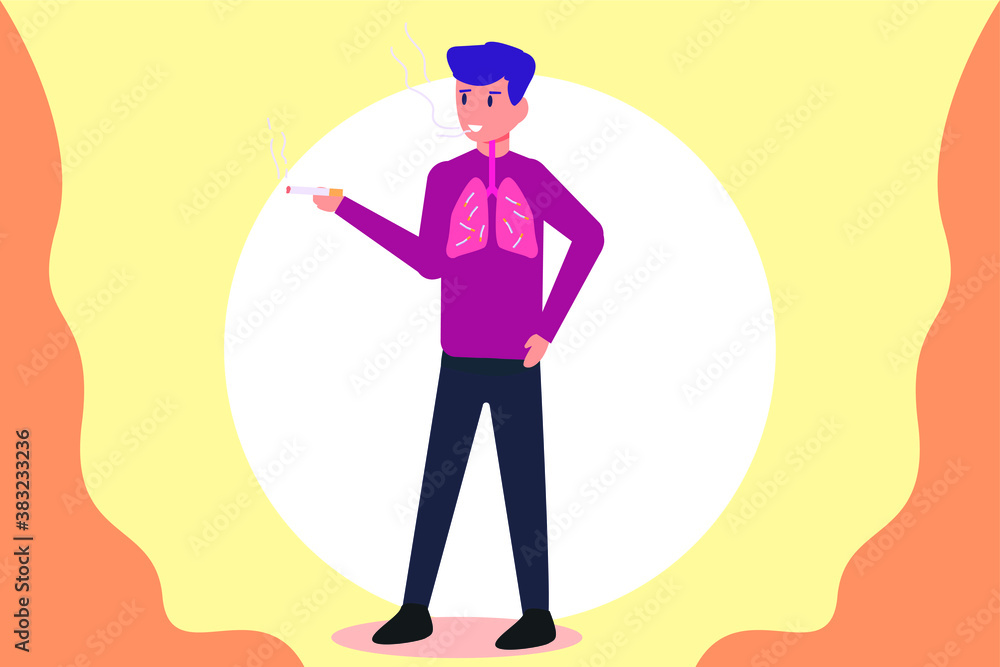 No smoking vector concept: Young male smoking with bad lungs while standing