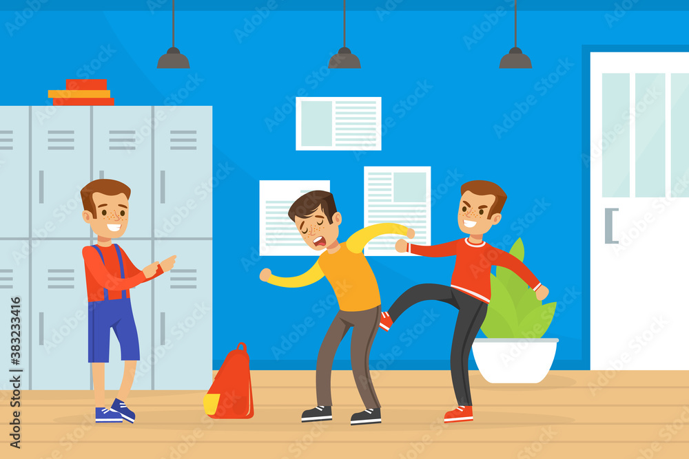 Obraz premium Boys Fighting at School, Boy Get Bullied by Another, Violence and Aggression between Children Concept Vector Illustration