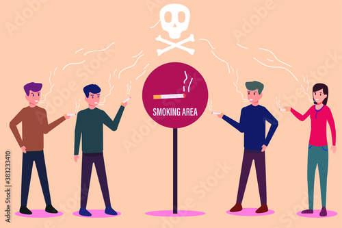 Smoking vector concept: Young people smoking together in smoking area with skull picture