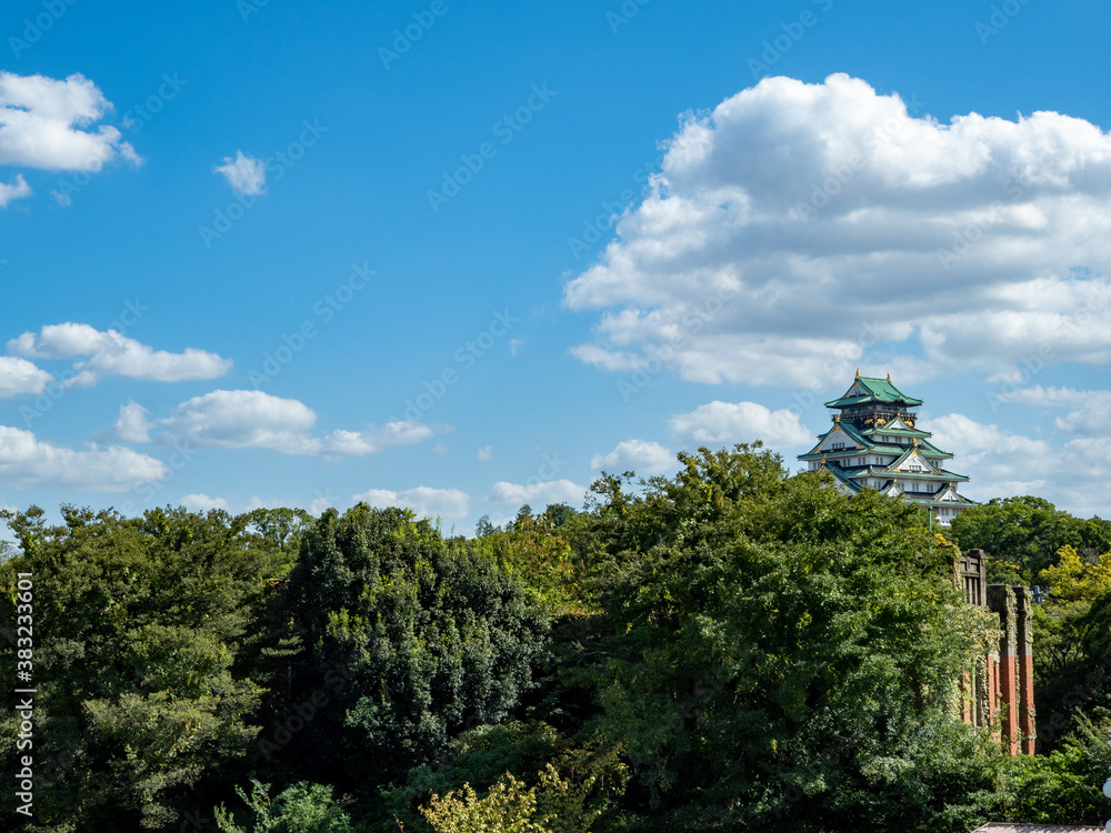 sky and trees with osaka castle