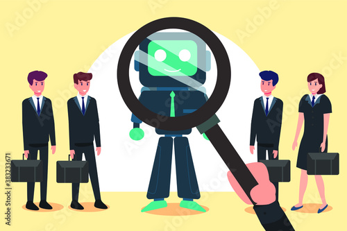 Business selection vector concept: Hand of man choosing robot with magnifying glass while businesswoman and businessman standing together