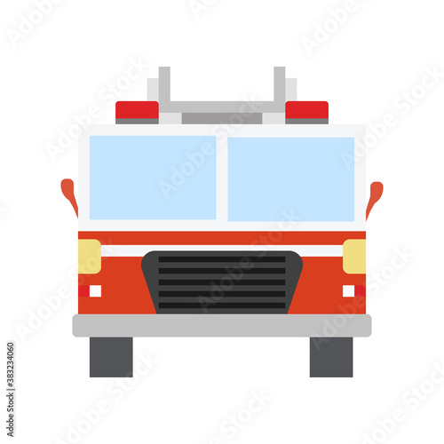Fire engine in flat style. Front view, isolated on white background.