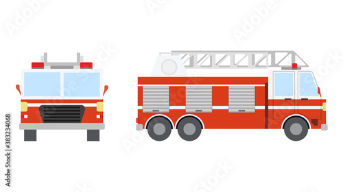 Fire engine in flat style. Front view and side view, isolated on white background.