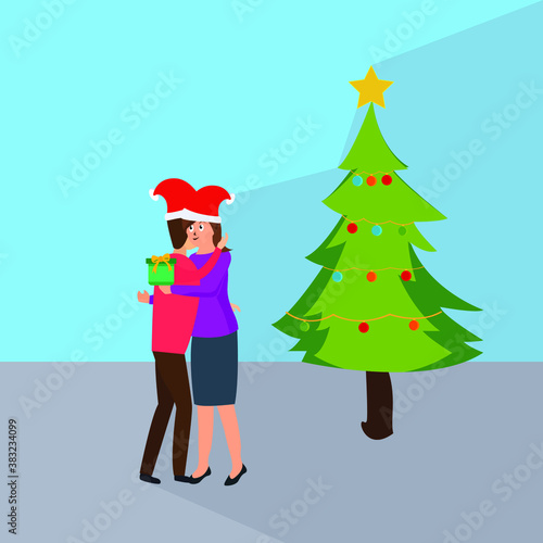 Christmas day vector concept: Young man and woman hugging in christmas day while giving christmas gift