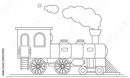 Steam train side view outline isolated on white background. Coloring page.