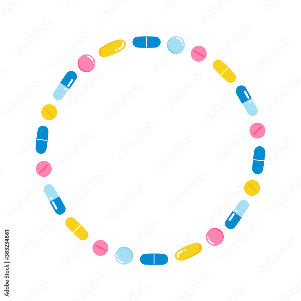 Vector cartoon style round frame, card template with cute colorful pills, medications, vitamins in for medical and healthcare design. Vector cartoon style round frame, card template with cute colorful pills, medications, vitamins in for medical and healthcare design.