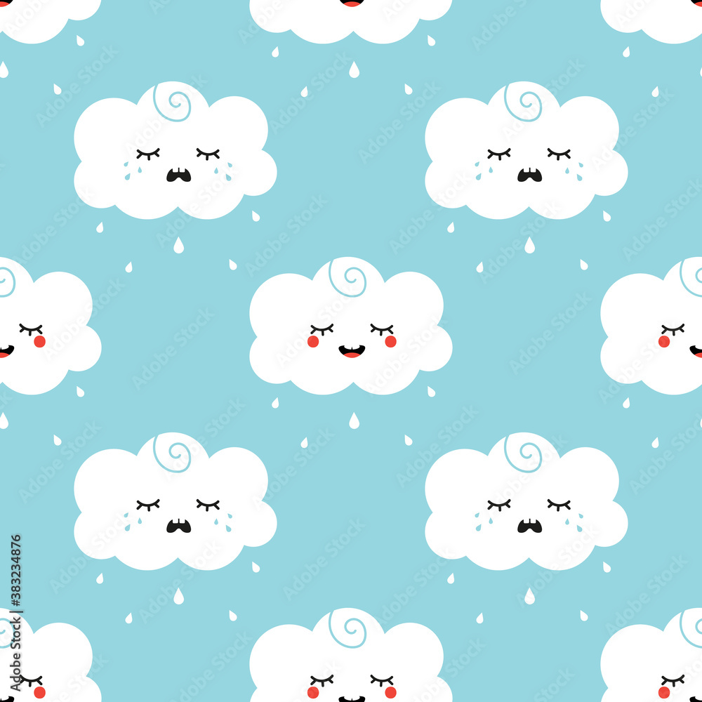Two cute cartoon rainy cloud characters, happy and sad, vector seamless pattern background.
Two cute cartoon rainy cloud characters, happy and sad, vector seamless pattern background.