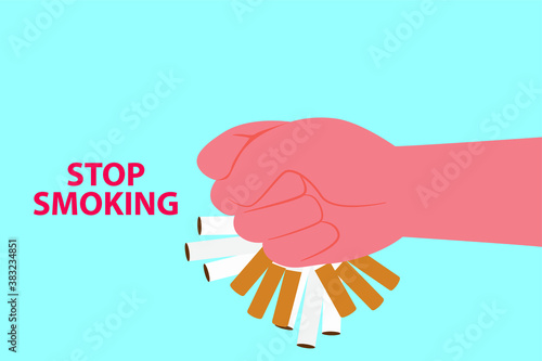 Stop smoking vector concept: Hand of man destroying cigarettes with word of stop smoking