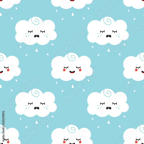 Two cute cartoon rainy cloud characters, happy and sad, vector seamless pattern background.  © cosmic_pony