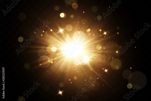 Sun burst. Shining stars. Shining golden stars isolated on black background. Effects,glitter, explosion, golden light. Vector illustration.Set. 