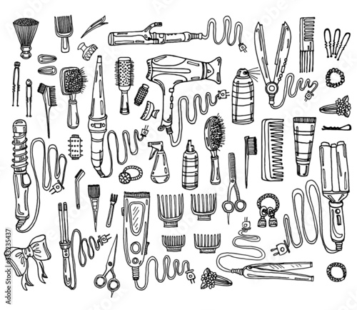Big set of hair styling including 50 tools: hair dryer, hair straightener, curling iron, comb, hairspray and other tools. Hand drawn vector hair styling collection