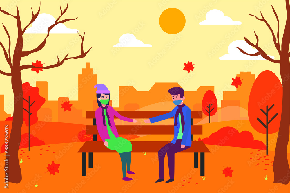 Autumn in new normal vector concept: Young couple sitting on the bench with new normal in autumn season Autumn in new normal vector concept: Young couple sitting on the bench with new normal in autumn season