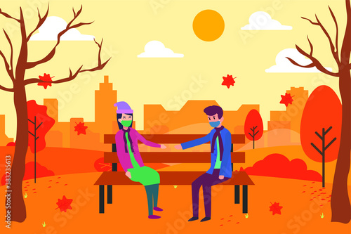 Autumn in new normal vector concept: Young couple sitting on the bench with new normal in autumn season