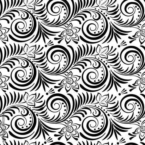 Stylized Russian traditional seamless pattern in black and white. Vector drawing.
